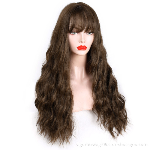 Vigorous Long Wavy Wigs with Bangs Middle Part Body Wave Synthetic Wig Heat Resistant Fiber Wigs for African American Women